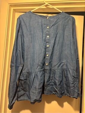 LOFT Light Blue Denim-Style Peplum Blouse with button down back. Size Medium